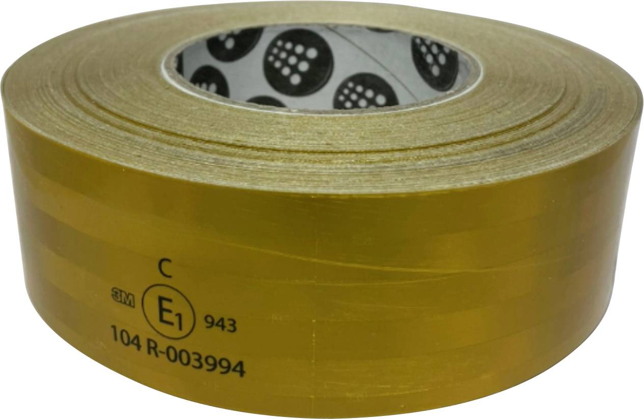A roll of amber-colored adhesive tape with printed codes and symbols on its side, against a plain background.
