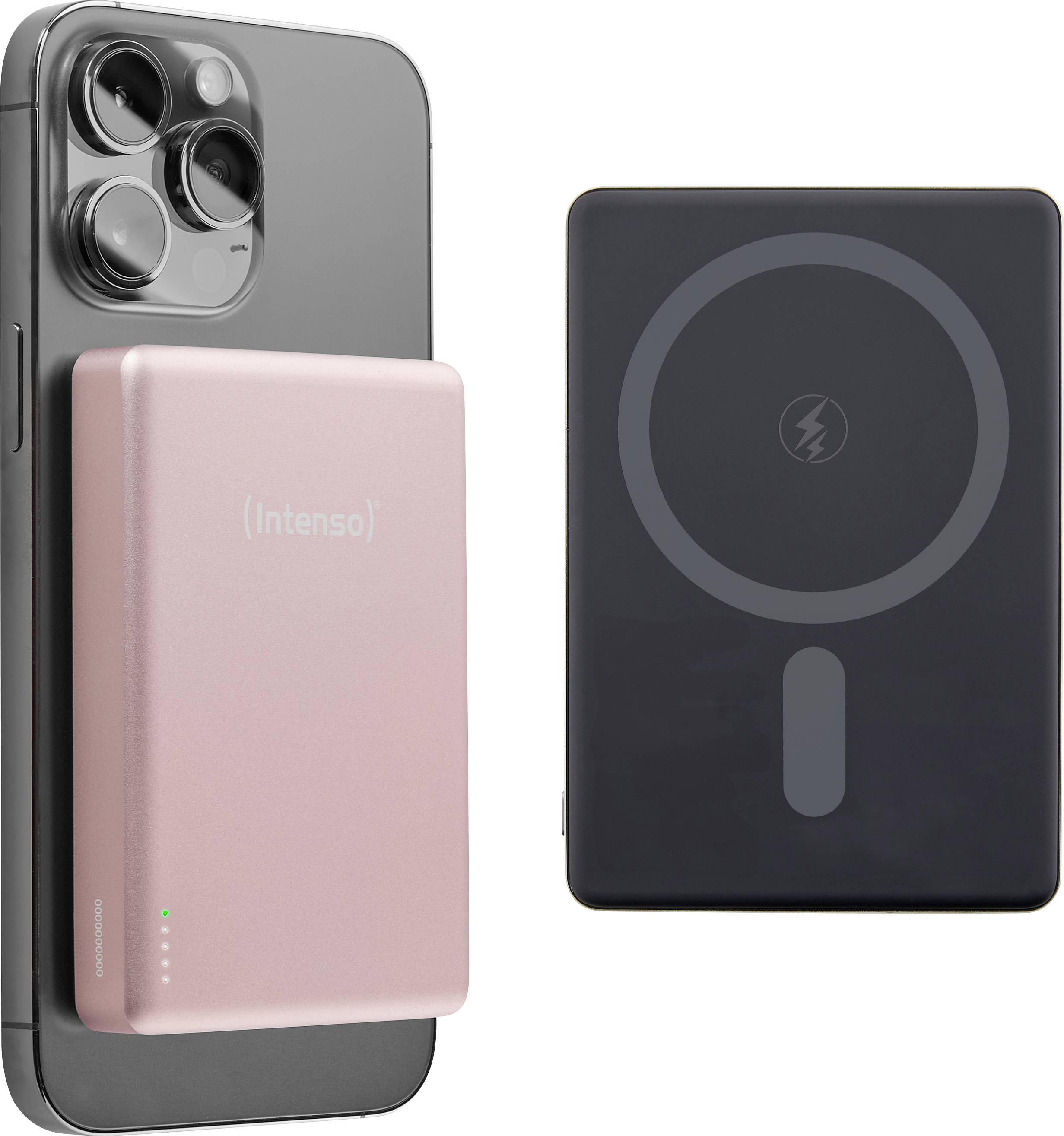 A pink Intenso portable charger and a black wireless charging pad sit next to a modern smartphone, displaying tech accessories.