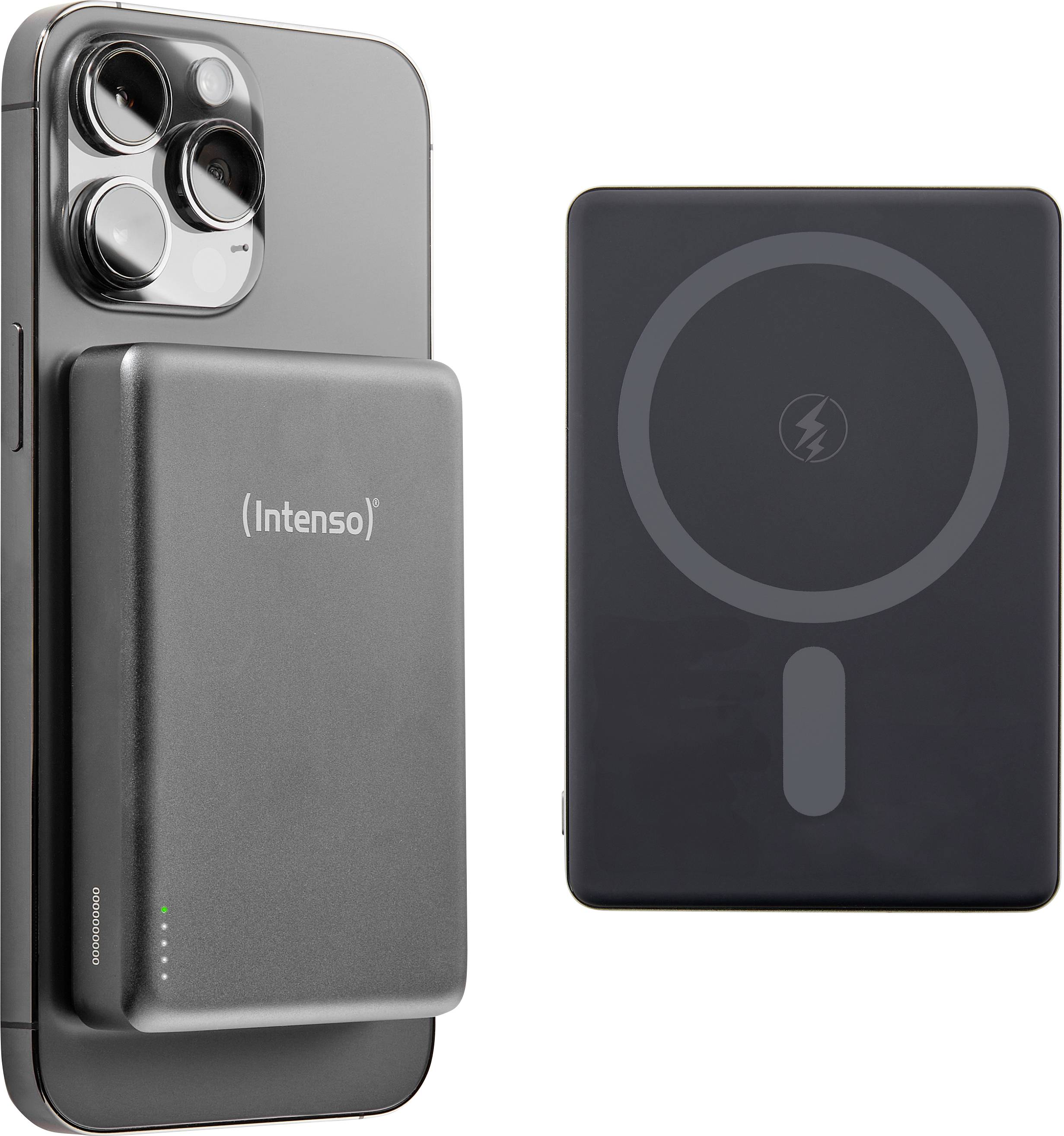 'A smartphone with a large camera module is attached to a power bank with 'Intenso' branding. Another similar power bank is shown beside it.'