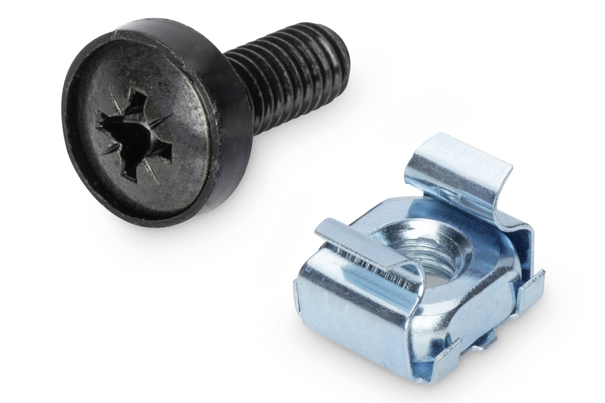 A black screw with a star-shaped drive head next to a silver cage nut; used in mounting equipment in server racks.