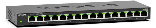 A black 16-port NETGEAR network switch with green LED indicators, used for connecting multiple devices within a local area network.