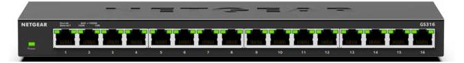Network switch with 16 Ethernet ports, labeled 'NETGEAR GS316,' showing front view with power indicator lit green.