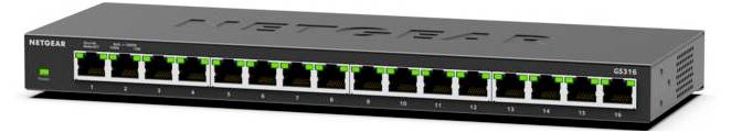A 16-port NETGEAR network switch with LED indicators, used for connecting multiple devices in a wired network setup.