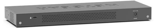 Network switch with 'NETGEAR' on top. Front panel has ventilation, a USB port on the left, and a power button on the right.