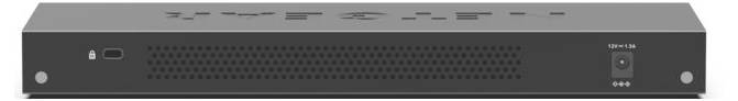 A sleek gray network device with ventilation holes and an LED indicator on the right side, used for network connectivity and management.