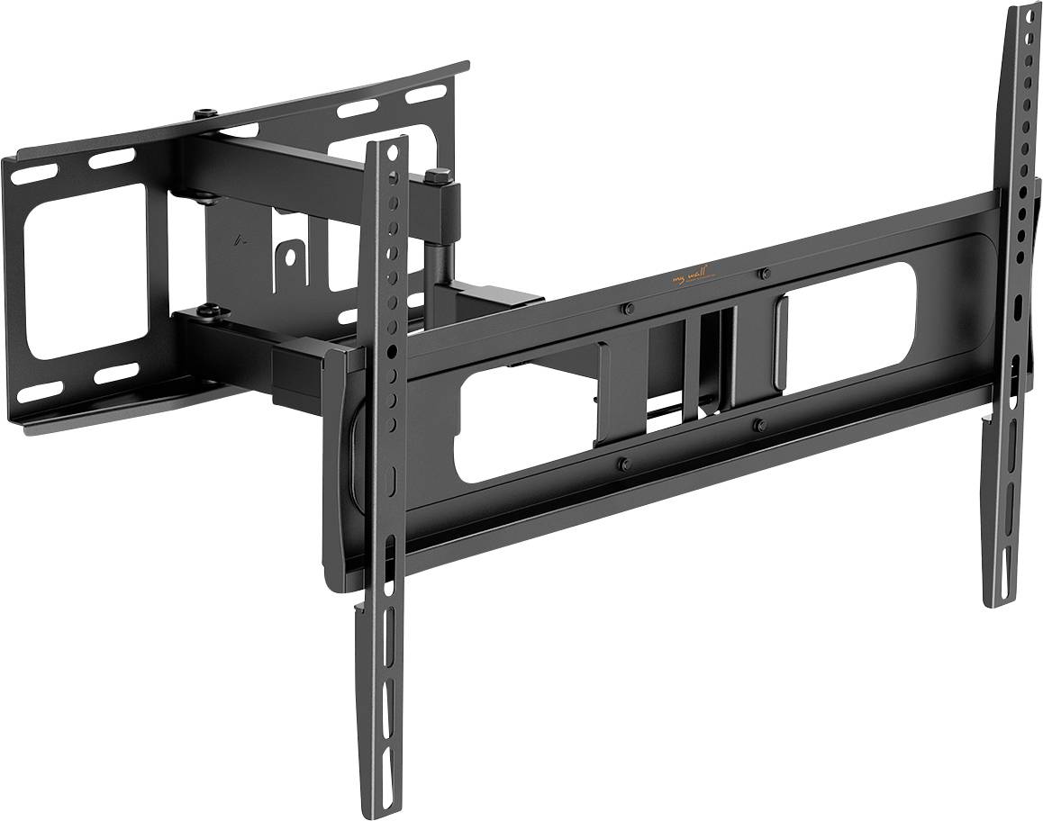 Wall mount bracket with adjustable, extendable arms for flat-screen TVs, shown in a black metal finish.