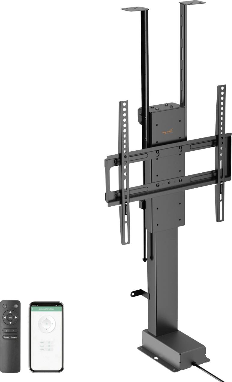 Motorized TV lift mechanism with remote control and app interface, suitable for flat-screen TVs. Ideal for easy height adjustment in home setups.