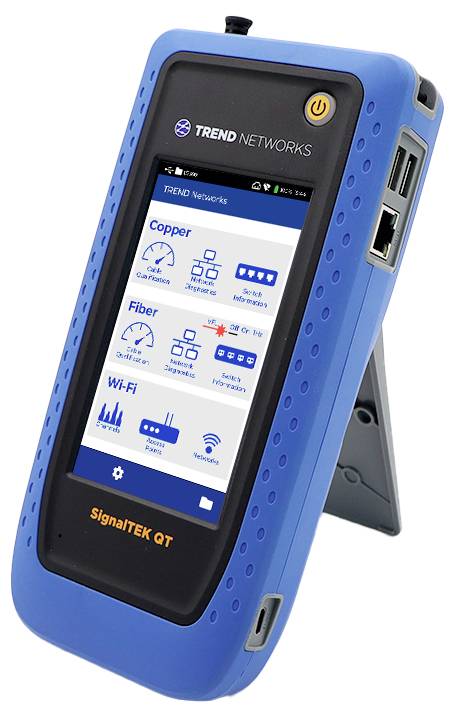 A handheld device displaying a screen with network testing options including 'Copper,' 'Fiber,' and 'Wi-Fi.' It has a blue casing.