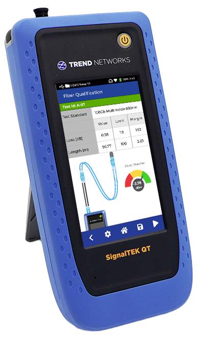 Handheld device with a screen displaying fiber qualification test results, including parameters like loss and length, with a colored gauge.