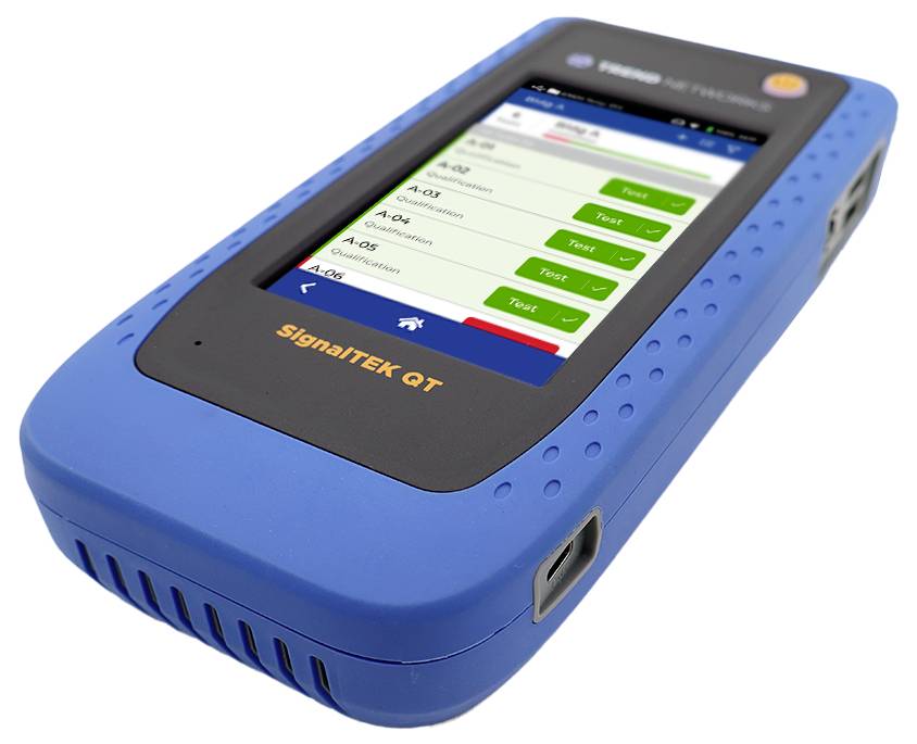 A blue handheld device with a screen showing test results and 'SignalTEK QT' branding, used for network cable testing.