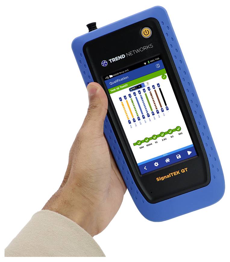 A hand holds a blue handheld device by Trend Networks, displaying a cable testing result chart on its screen with colorful bars.