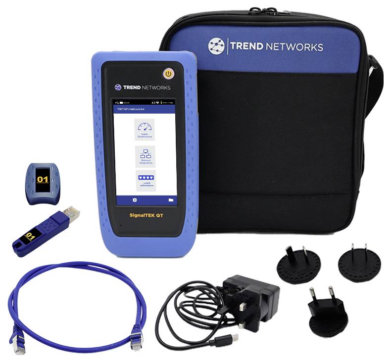 Network testing kit by Trend Networks, featuring a SignalTEK handheld device, cable, USB adapter, power supply with plugs, and carrying case.
