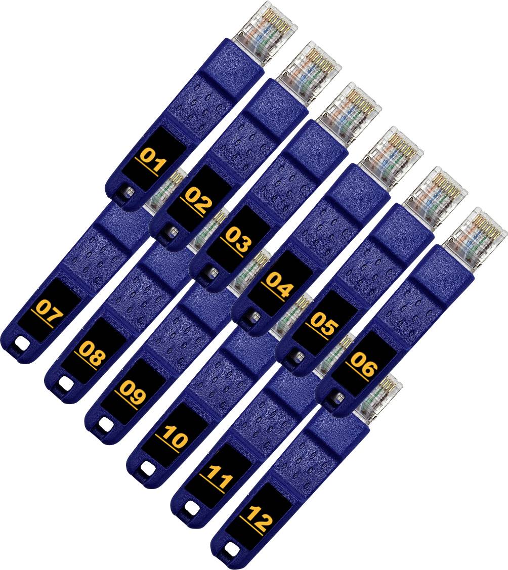 Twelve blue network testing tools with numbered labels from 01 to 12, arranged to show connectors and port compatibility features.
