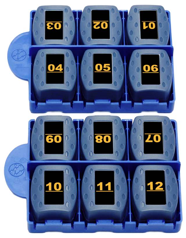 Two blue trays, each holding six numbered devices. The top tray numbers are 03, 02, 01, 04, 05, 06. The bottom tray numbers are 60, 80, 20, 10, 11, 12.