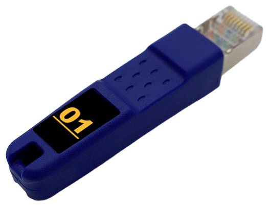 A blue network cable tester with a digital display showing '01'.