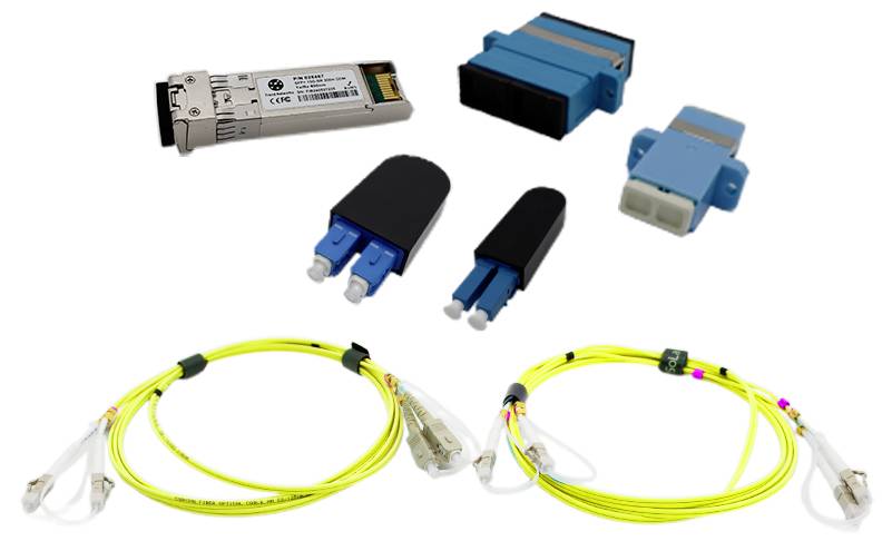 Various fiber optic connectors and transceivers are displayed, including SFP modules, LC duplex adapters, and fiber patch cables.