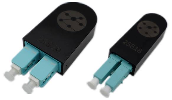 Two black plastic clips with turquoise fiber optic connectors attached. Each clip has small engraved numbers, used for organizing cables.