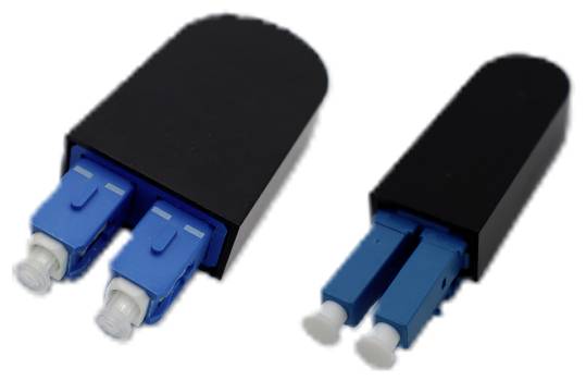 Two optical fiber connectors, one with two blue LC duplex connectors on each, housed in a black casing.