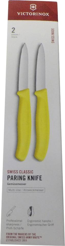 Packaging for a Victorinox Swiss Classic Paring Knife set. Includes two yellow-handled knives, noted for ergonomic handle and dishwasher safety.