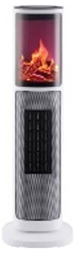 A tall, cylindrical space heater with a digital flame display at the top, emitting a warm glow.
