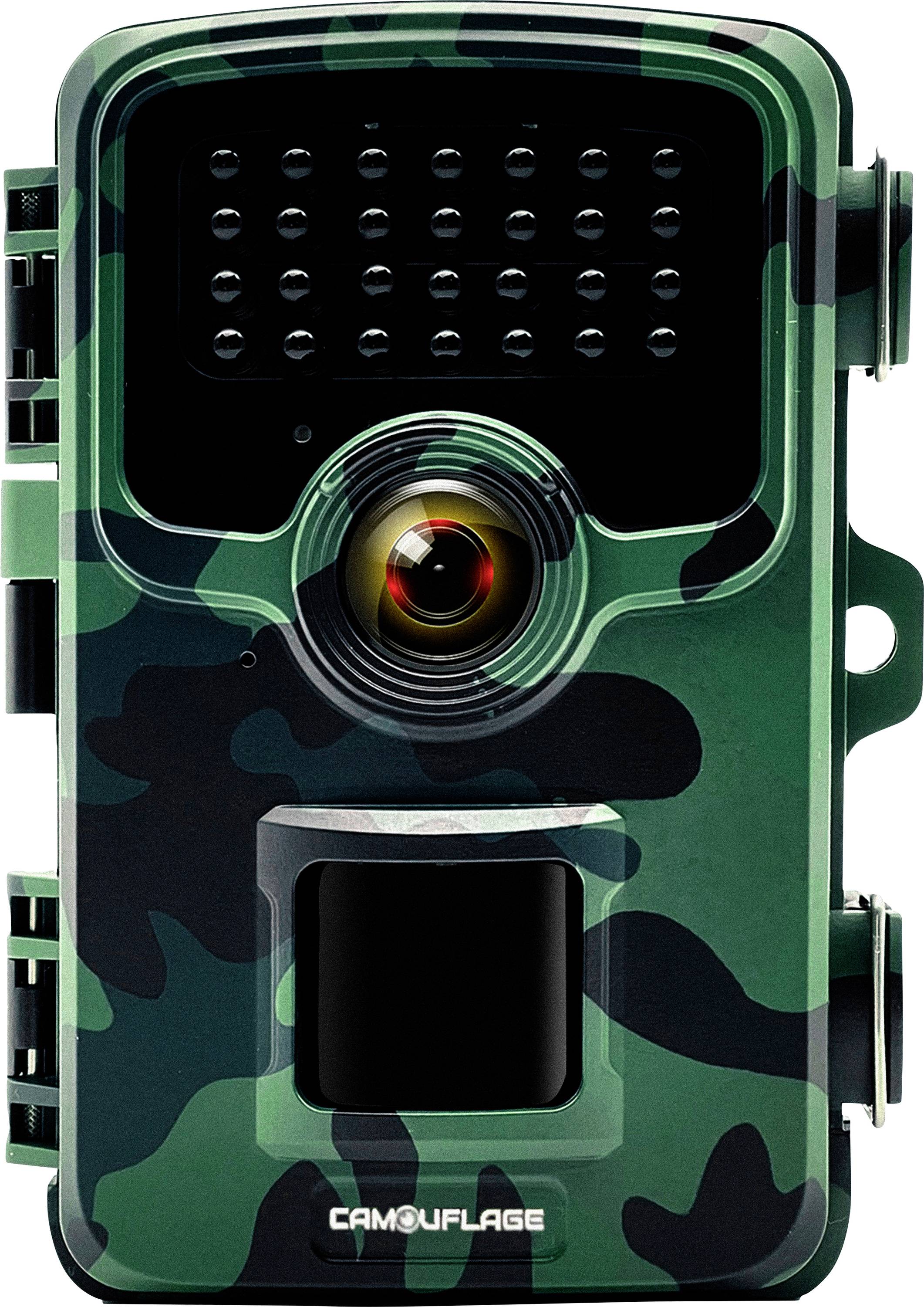 A camouflaged wildlife camera with infrared sensors and a motion detector lens. Used for monitoring and recording animal activity discreetly.
