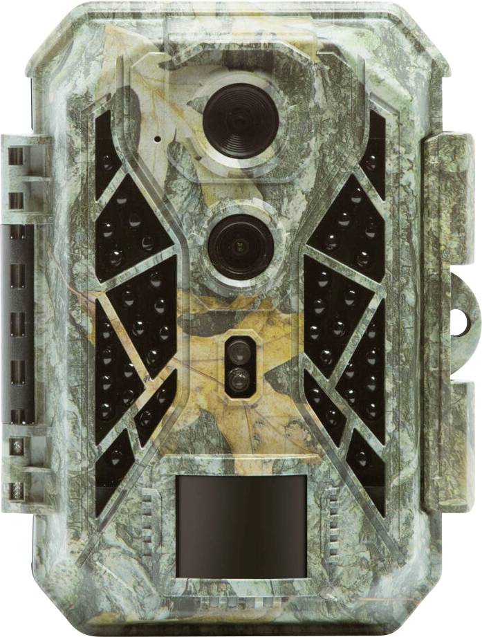 A camouflaged wildlife camera with multiple lenses and a display, designed for outdoor surveillance and monitoring wildlife activity.