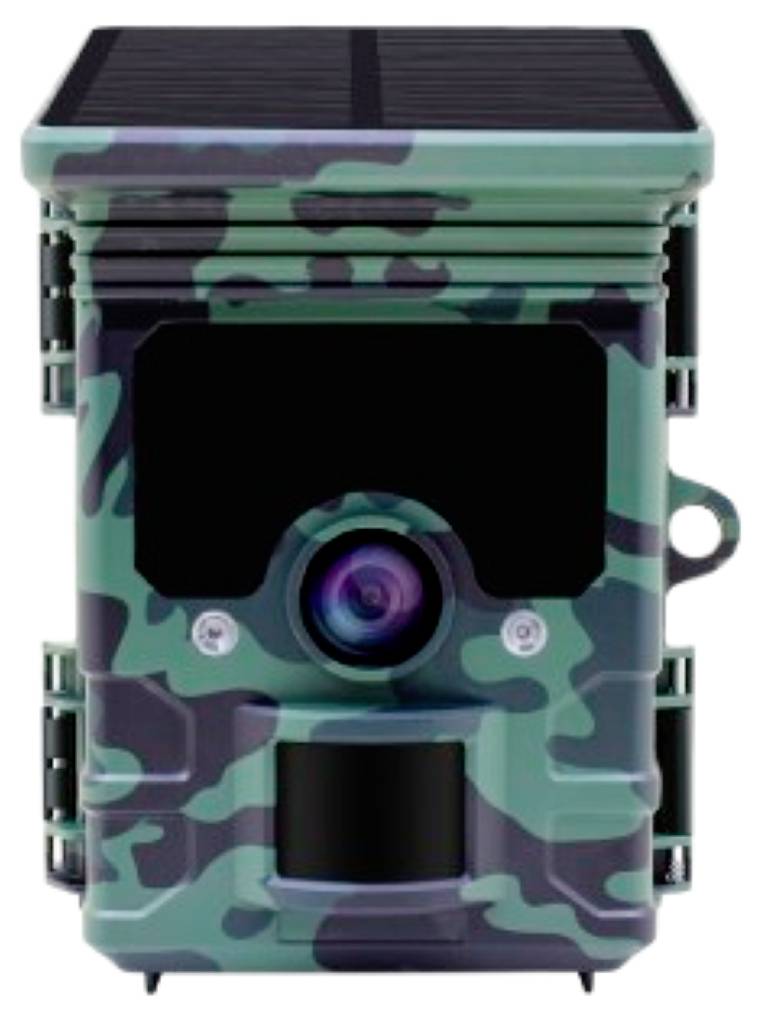 A camouflage-patterned outdoor security camera with a central lens, designed for monitoring wildlife or property in natural environments.