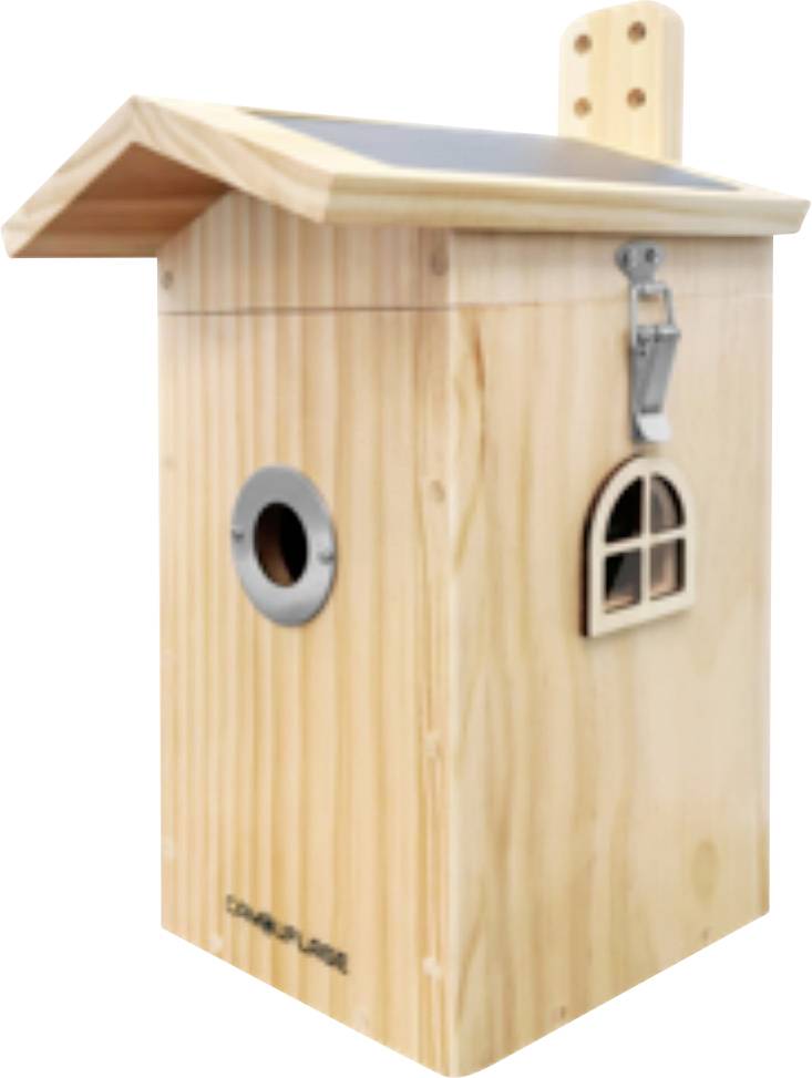 Smart birdhouse with camera, compatible app for live viewing and notifications. Packaged with box showing a bird near the product.