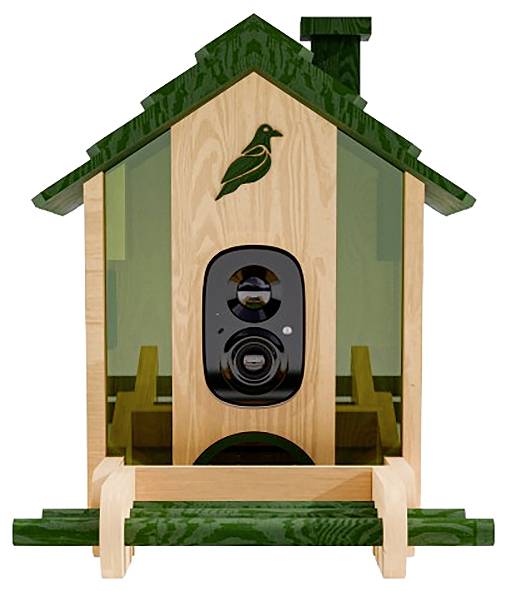 A wooden Wi-Fi bird feeder with a camera in the center, designed to capture images of birds visiting. Decorated with green accents and a perched bird icon.