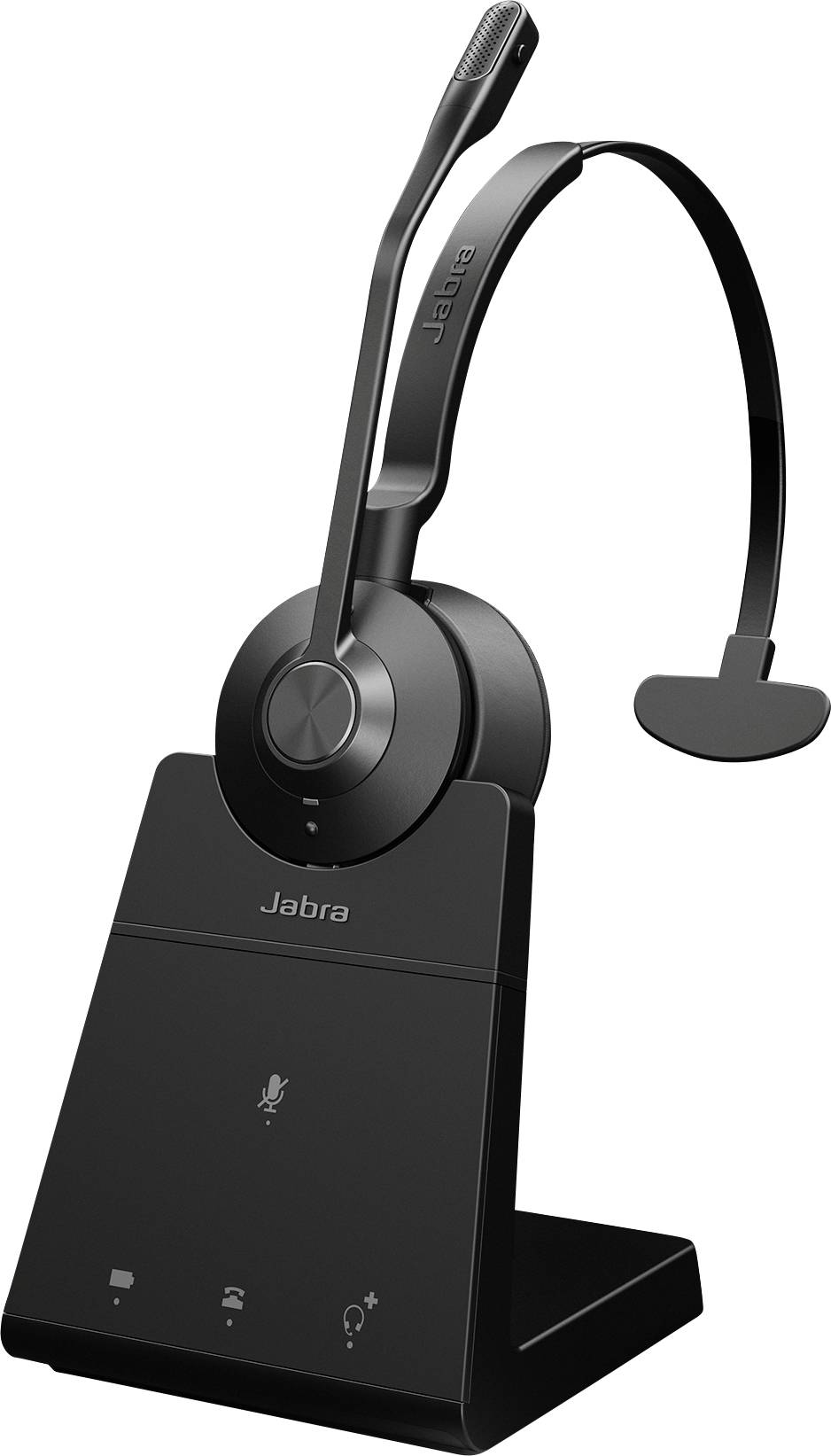 A black wireless headset with a microphone on a charging stand, branded 'Jabra', suitable for office or call center use.