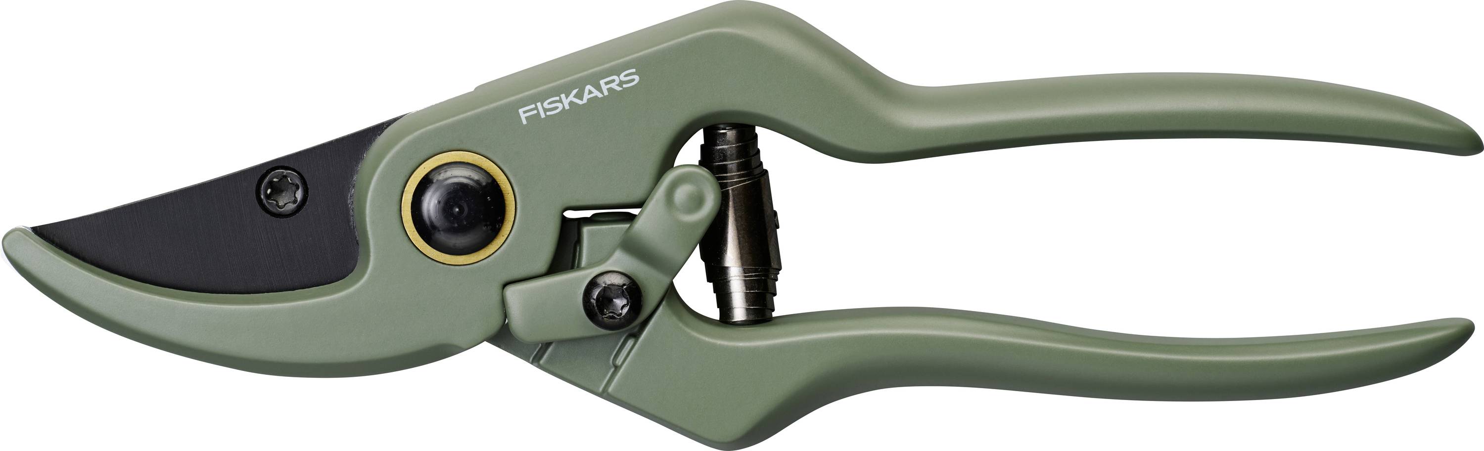A green Fiskars pruning shear with a curved black blade, ergonomic handle, and a locking mechanism for gardening tasks.