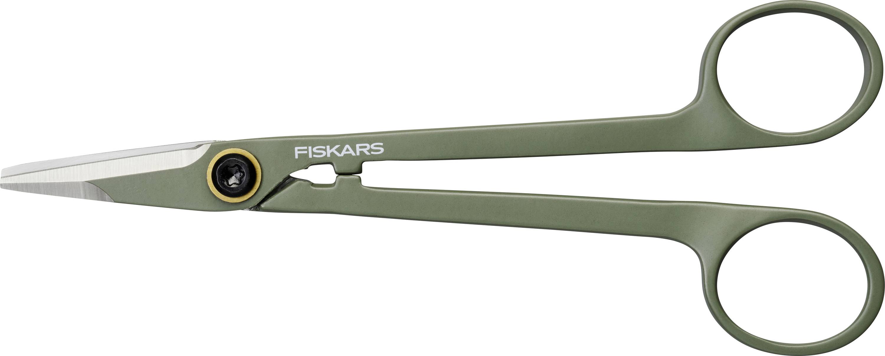 Green precision scissors with a long handle and small blades, designed for detailed cutting tasks.