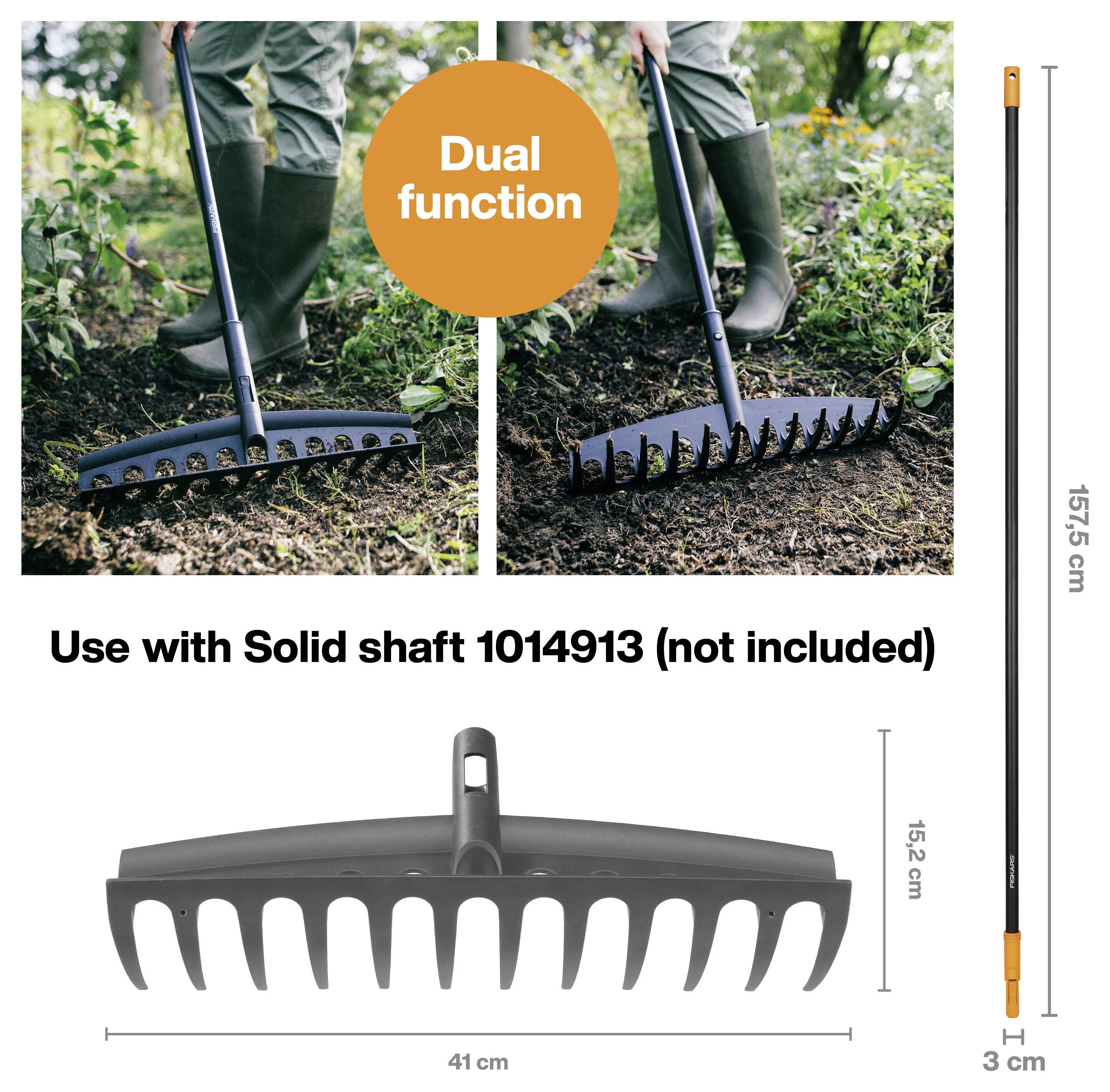 Dual function rake with solid shaft 1014913, not included. Image shows rake being used for soil cultivation and leveling. Dimensions indicated.