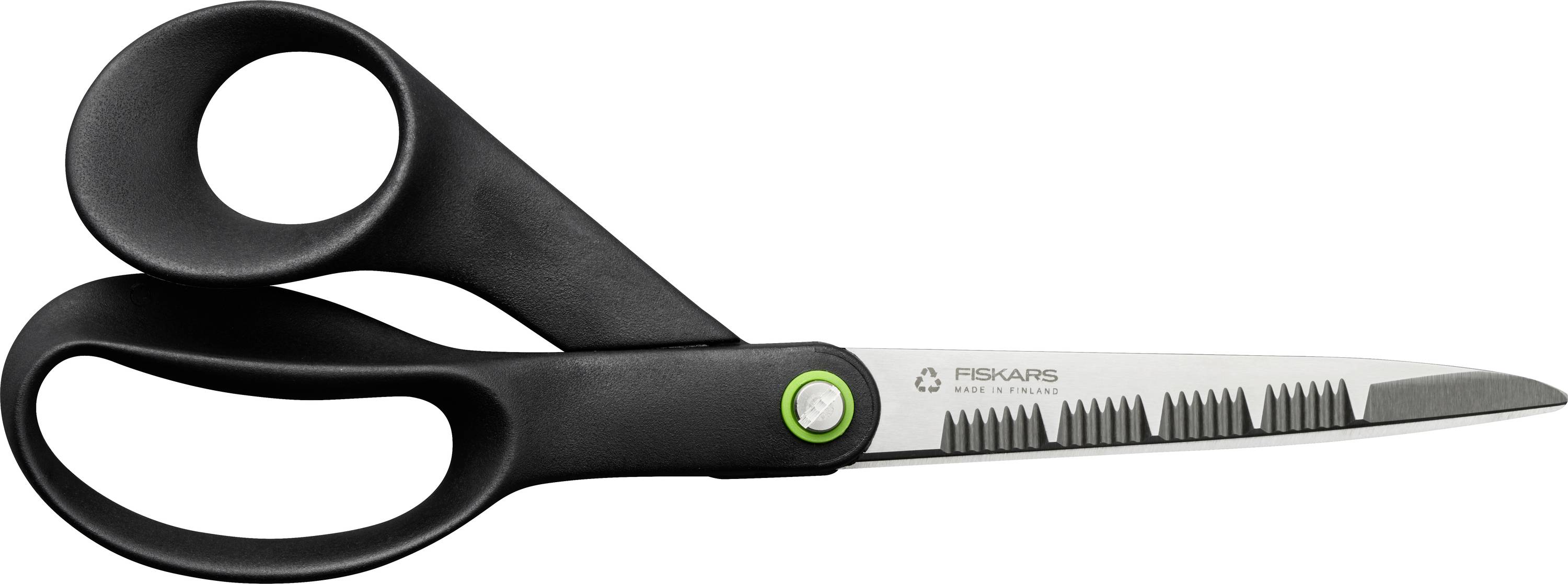 A pair of black-handled scissors with a green pivot point, lying horizontally. The blade has a zig-zag pattern towards the handle.