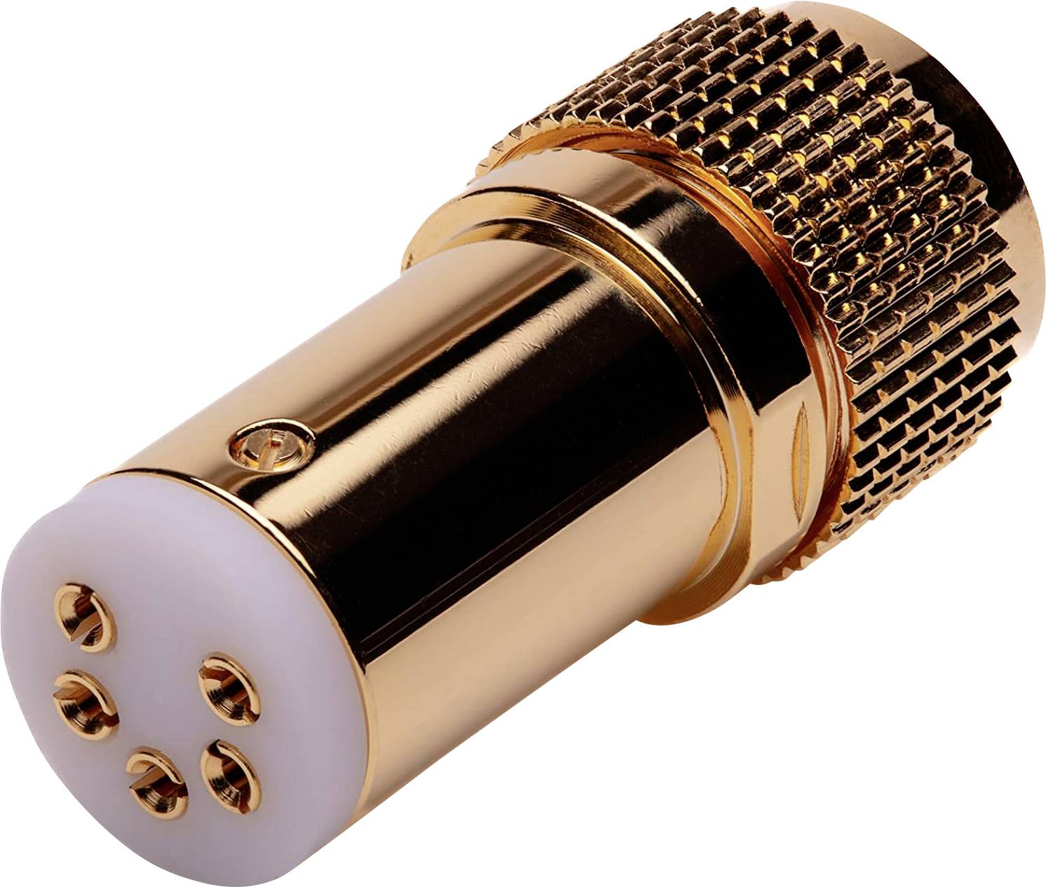 A golden connector with a knurled grip and six pinholes on a white end, used for electronic connections.