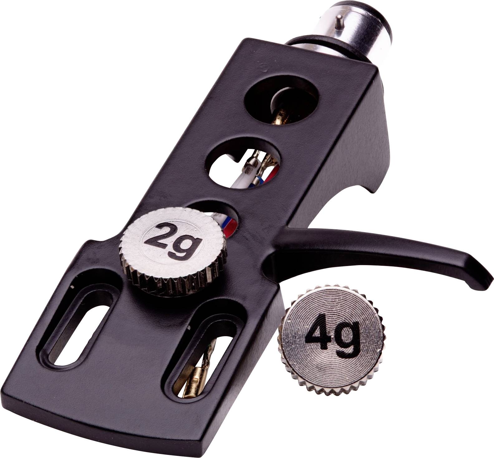 A close-up image of a black turntable head with a 2g weight attached and a separate 4g weight nearby, suggesting adjustable tonearm weight.