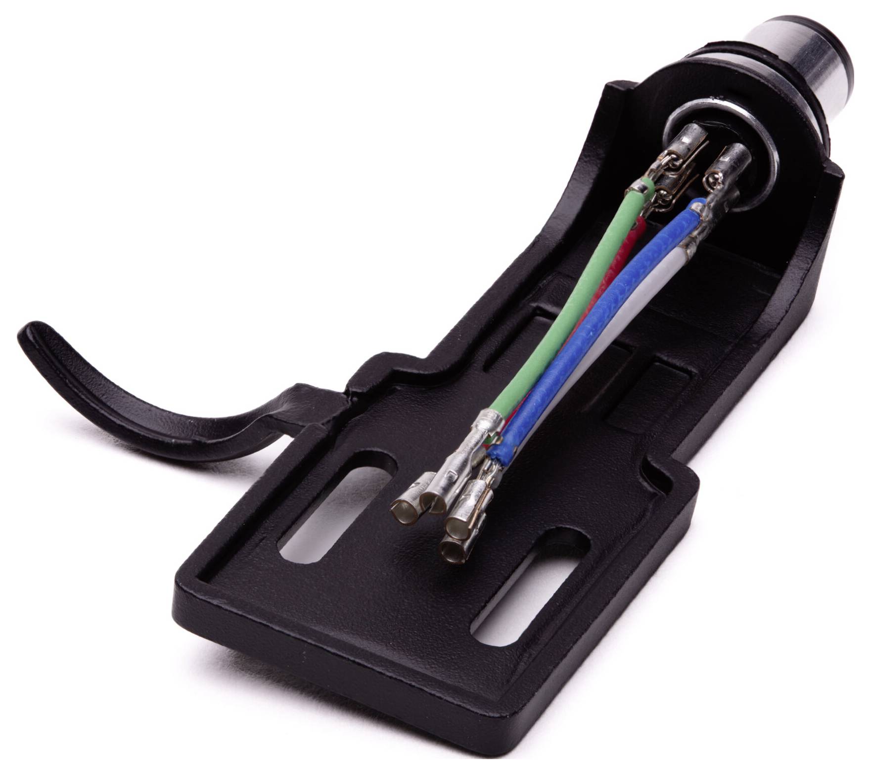 A black turntable headshell with colored audio wires (red, green, blue, and white) is shown detached, illustrating the wiring layout.