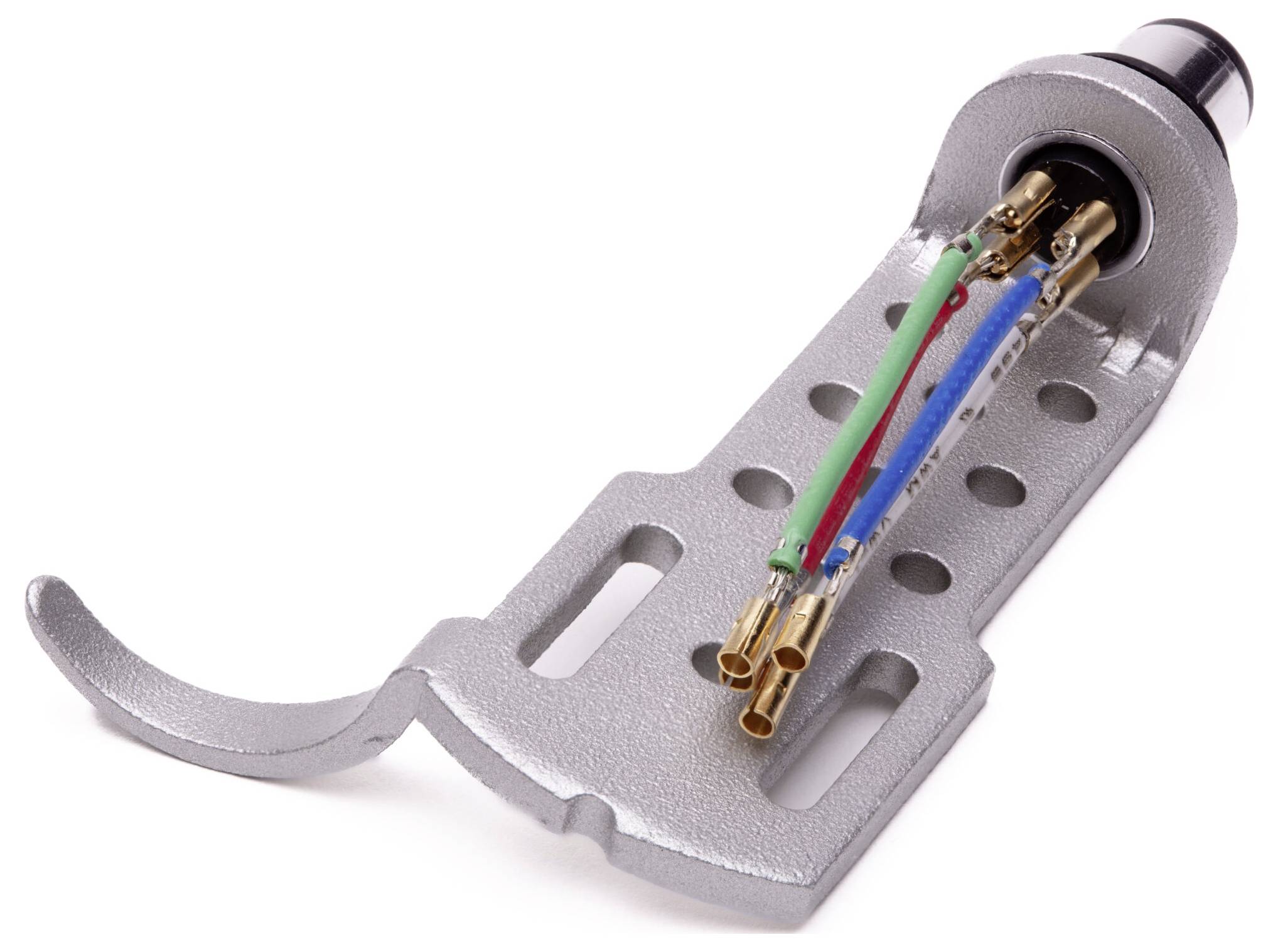 A metallic, L-shaped electronic component with a cylindrical end, featuring colored wires and connectors, likely part of electrical equipment.