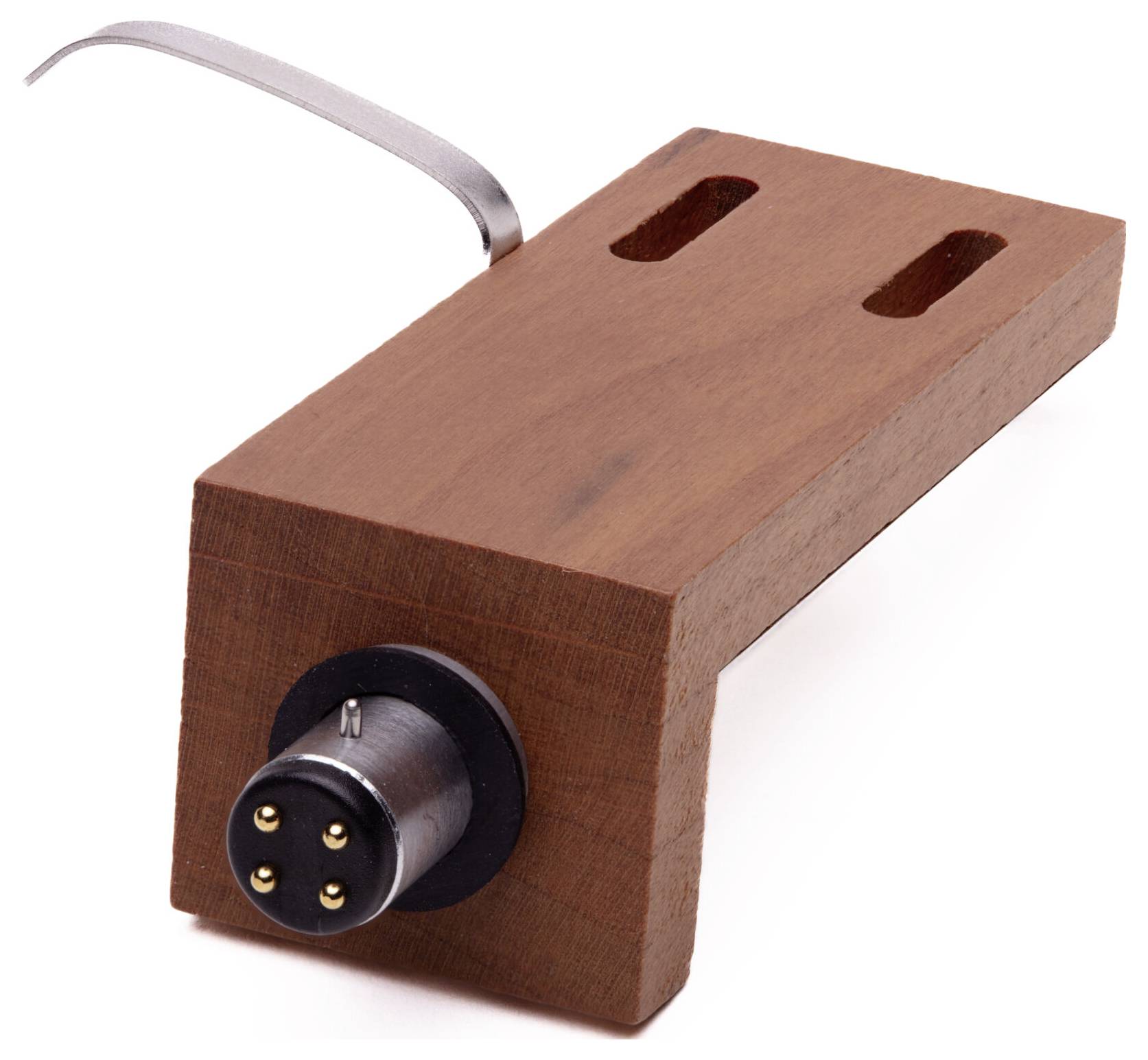 A wooden turntable headshell with a detachable connector and slots for mounting a cartridge.
