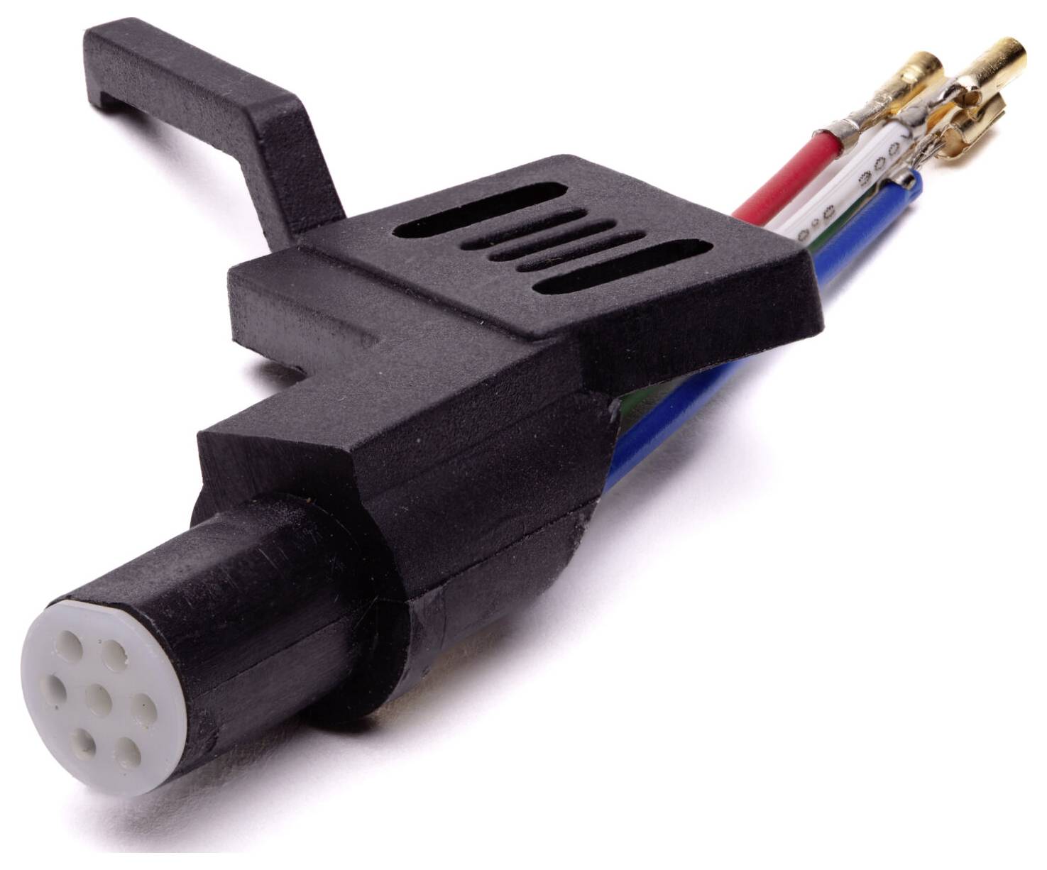 A black turntable headshell with three colored wires and a connector, used to hold and connect a phono cartridge to a tonearm.