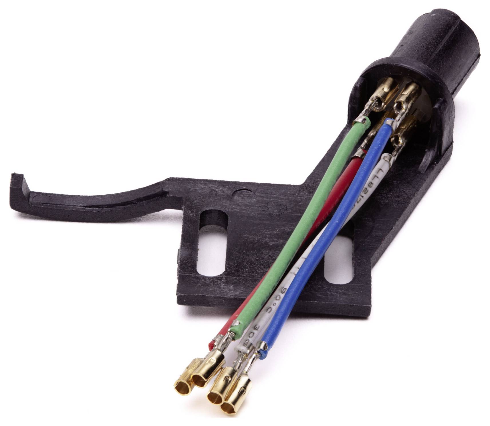 An electrical connector with four colored wires (red, green, blue, black) and gold connectors, attached to a black plastic housing.