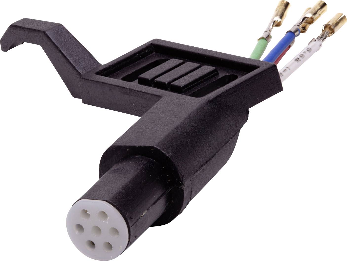 A black electronic connector with six small, colored wires extending from it, likely used for connecting or interfacing devices.