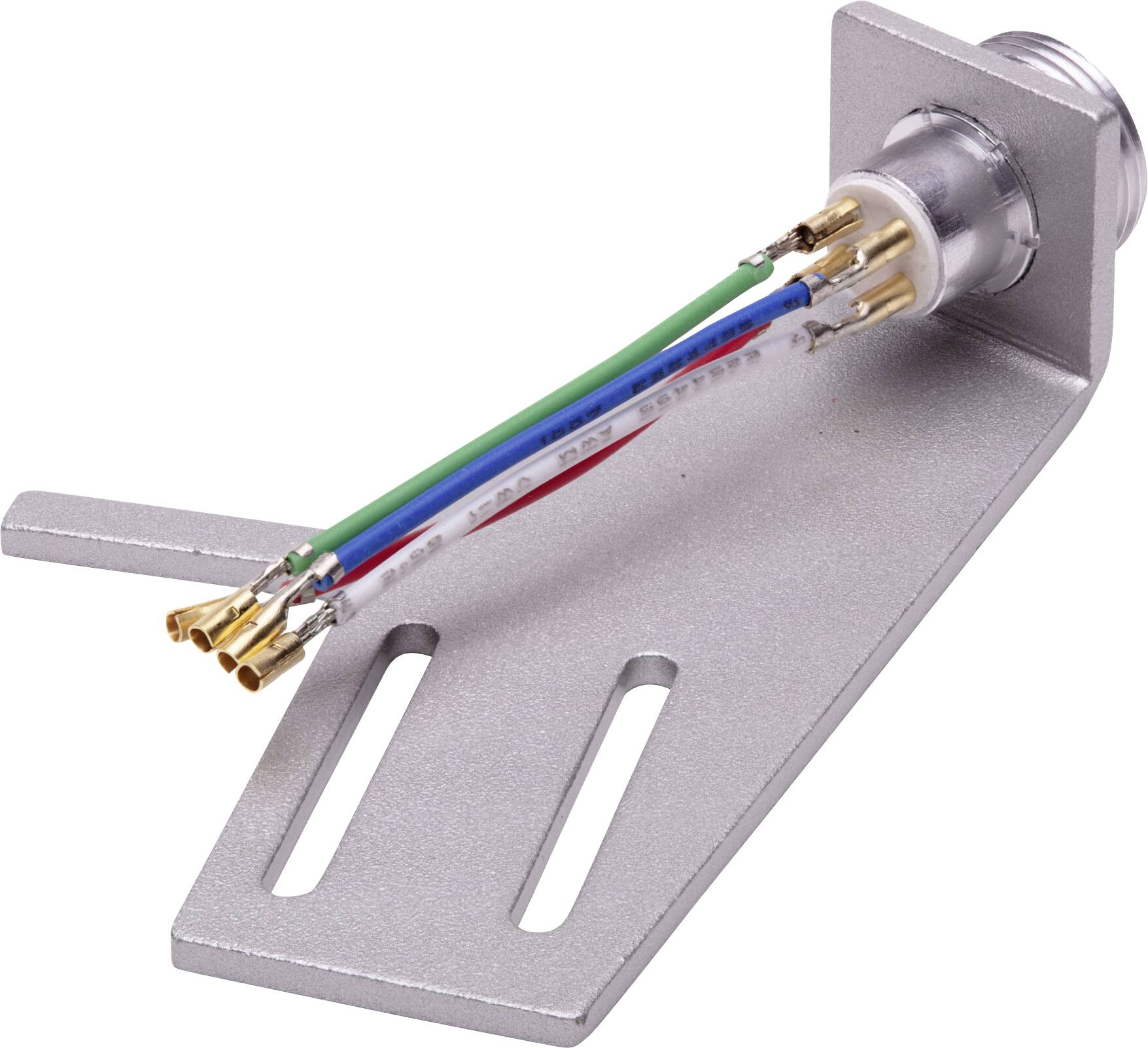 Metal bracket with a connector and four colored wires (red, blue, green, white) extending from it.