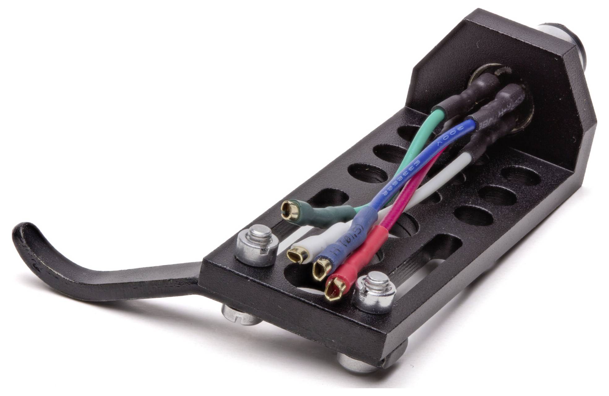A close-up of a phono cartridge headshell with four colored wires (red, green, blue, white) for audio connections in a turntable.