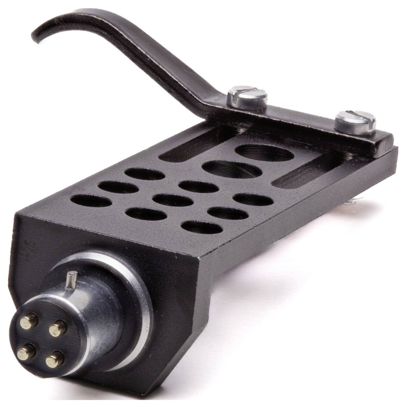 A black turntable headshell with a metal tonearm connector and circular cut-out design, used to hold a phono cartridge for vinyl records.