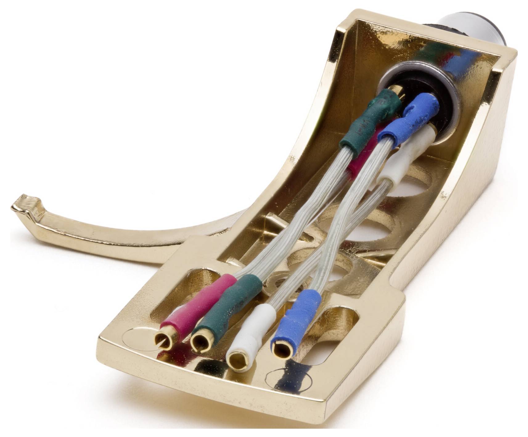 A gold-tone turntable headshell with exposed colored wires for connecting a cartridge in an audio setup.