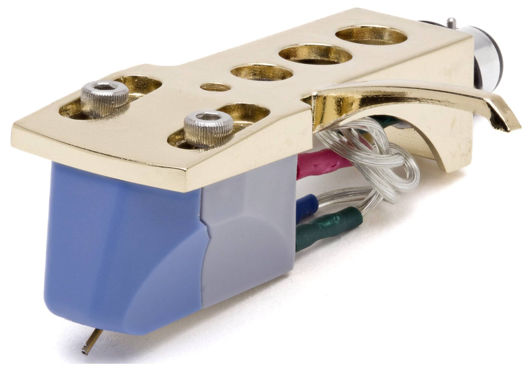 A gold-tone phonograph cartridge with wires attached, used for playing vinyl records.