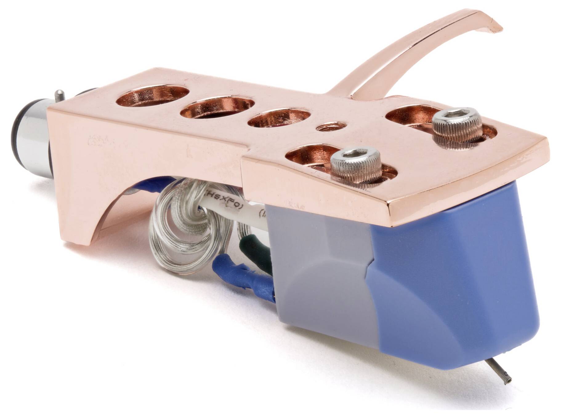 A copper and blue phono cartridge headshell for a turntable is shown, featuring a stylus and wiring encased in a metal body.