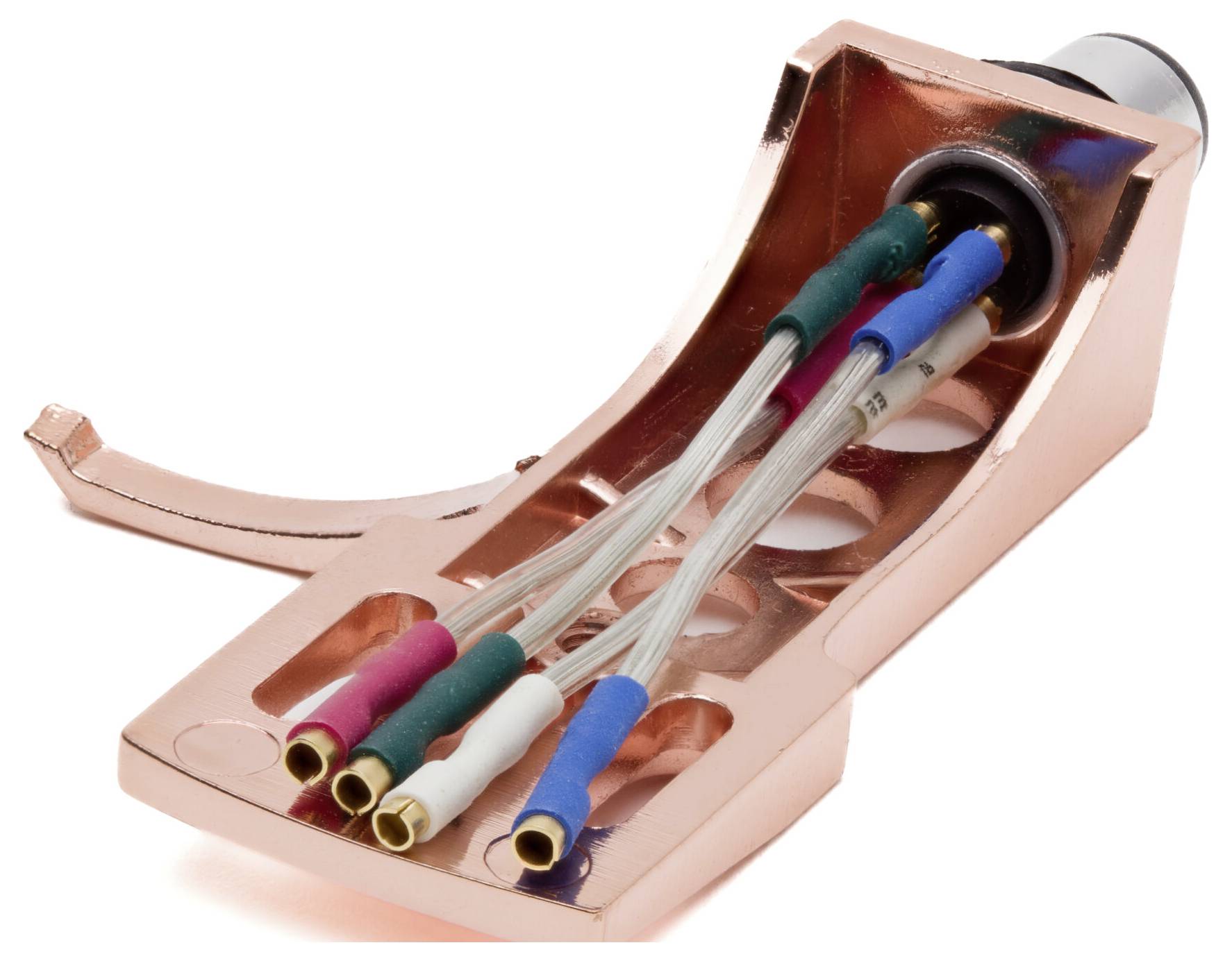 A copper tone phono cartridge headshell with wires connected to it, designed for turntables, showing the end that connects to the tonearm.