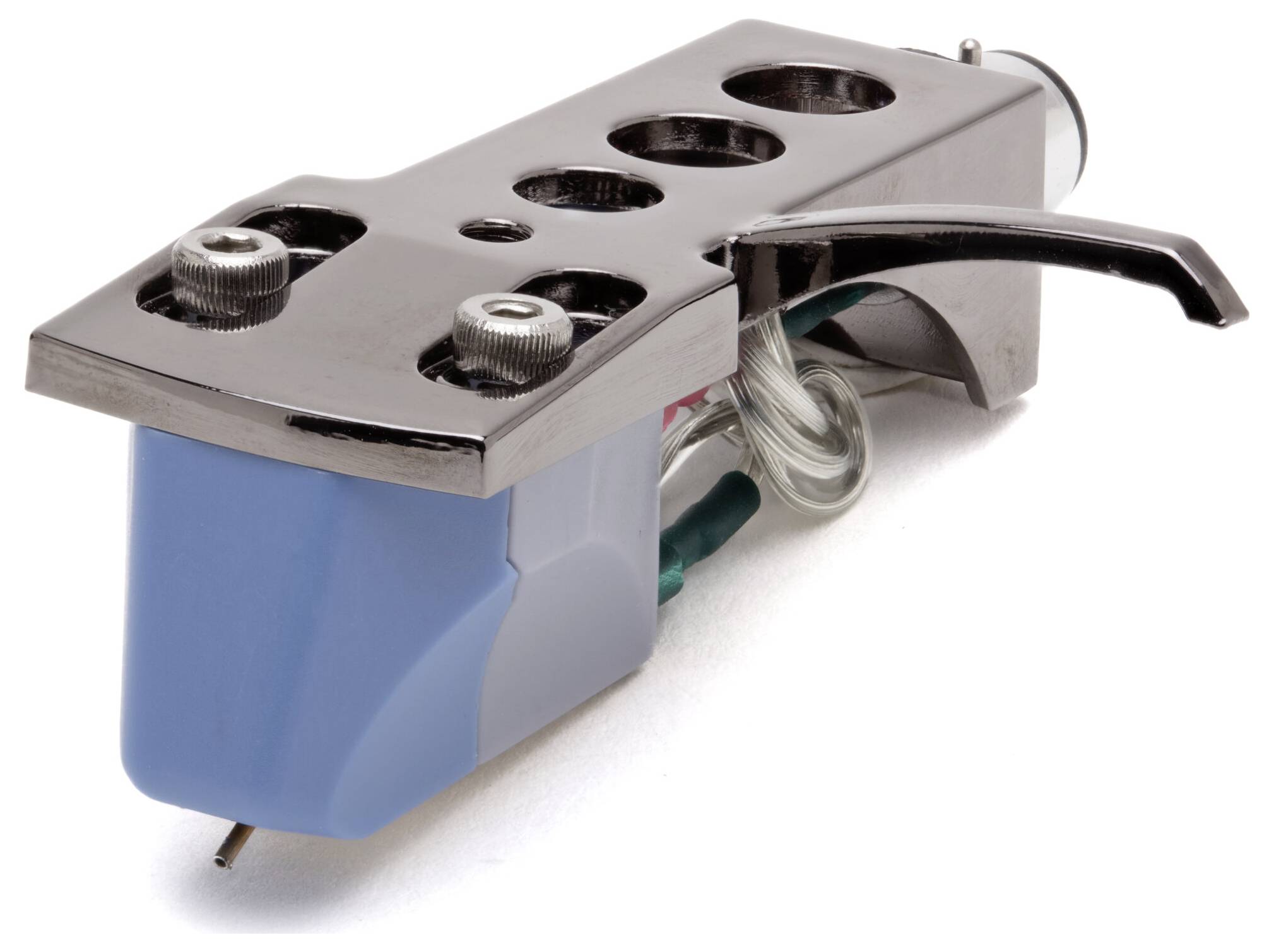 A close-up image of a turntable cartridge with a blue stylus and a metallic headshell, used for playing vinyl records.